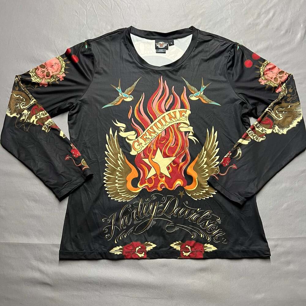 Harley-Davidson Long Sleeve Tattoo Graphic T-Shirt Size XL Black Y2K tattoo